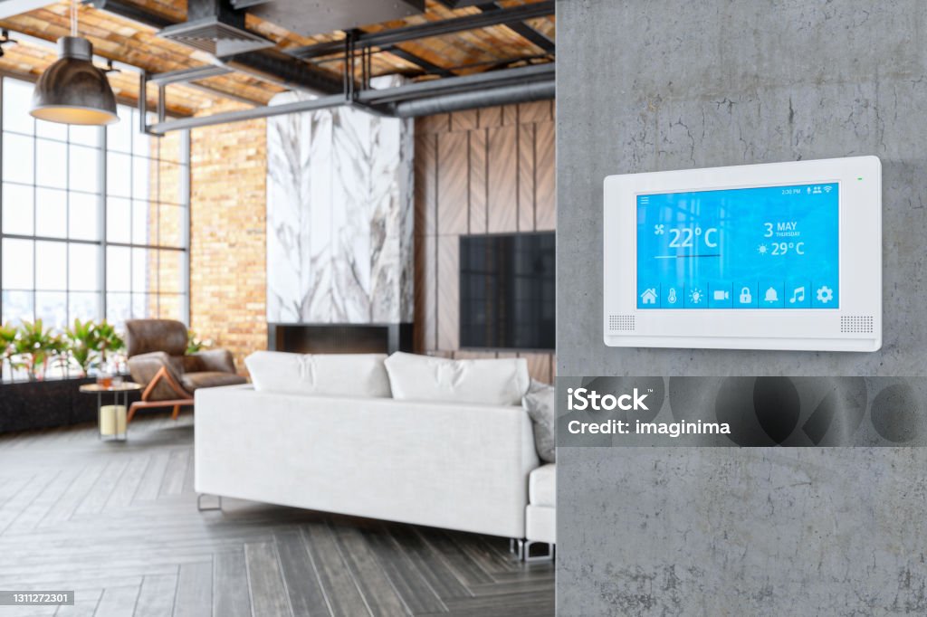 Smart Home Living Room Interior of a modern luxury house with smart automation system. Home Automation Stock Photo