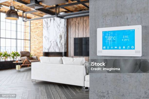 Smart Home Living Room Stock Photo - Download Image Now - Home Automation, Domestic Life, Home Interior