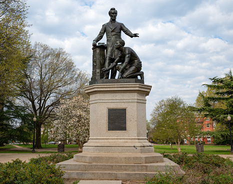 Washington DC, USA - April 4, 2021 - The Emancipation Memorial, also known as the Freedman's Memorial or the Emancipation Group is a monument in Lincoln Park in the Capitol Hill neighborhood of Washington, D.C. Designed and sculpted by Thomas Ball and erected in 1876.