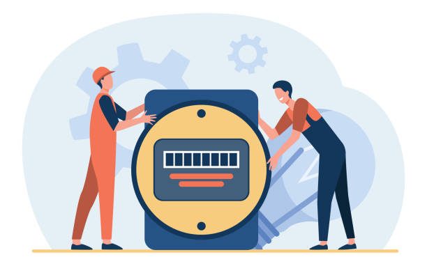 Cartoon tiny electricians holding giant electrical counter Cartoon tiny electricians holding giant electrical counter. Flat vector illustration. Charge register, power monitor providing energies control, service. Electricity, energy concept for banner design fuse cartoons stock illustrations