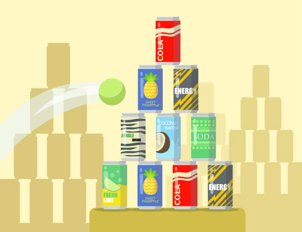Cartoon pyramid of lemonade cans flat vector illustration Cartoon pyramid of lemonade cans flat vector illustration. Tennis ball flying into pyramid of different canned drinks displayed on showcase. Drinks, shopping, marketing concept for banner design tennis ball container stock illustrations