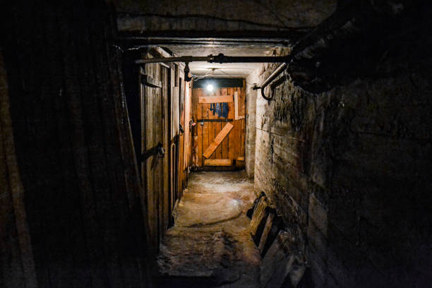 istock A scary dark concrete corridor in the basement, lit by a single light bulb hanging from the low ceiling. At the end of the corridor is a boarded-up wooden door 1311276085