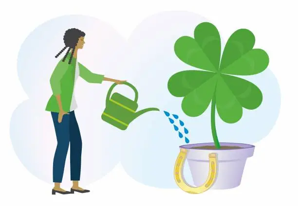 Vector illustration of Watering big four leaf clover and try to create happiness, safety and luck. Vector illustration.
