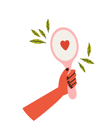 Vector illustration of a hand-holding mirror. Concept of self-acceptance and self-love. Hand-drawn illustration of mental health. Peace of mind.