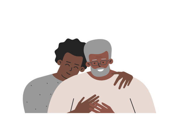 Vector isolated portrait. Son and happy senior dad spend day together. Teenager hugs his father. Two generations show  close relations, love and affinity in African American family Vector isolated portrait. Son and happy senior dad spend day together. Teenager hugs his father. Two generations show  close relations, love and affinity in African American family. Boy trusts daddy vector love care old stock illustrations