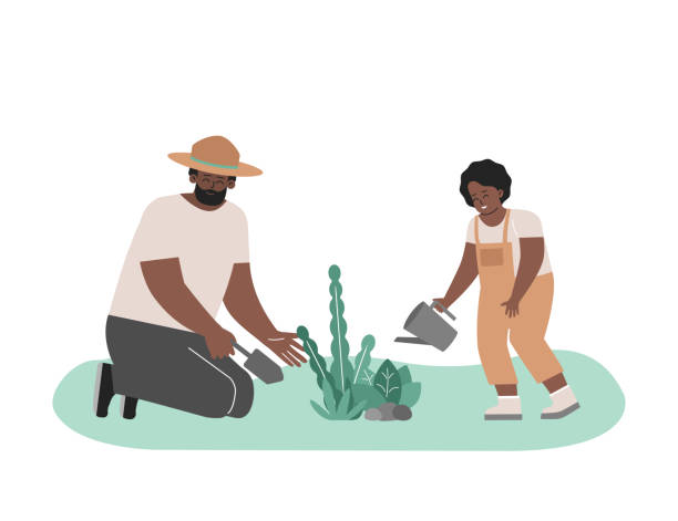 Vector flat illustration. African American father plants flowers by spatula and smiling little child waters leaves in garden. Daddy love to spend day with son Vector flat illustration. African American father plants flowers by spatula and smiling little child waters leaves in garden. Happy holidays with family in nature. Daddy love to spend day with son farmer son stock illustrations