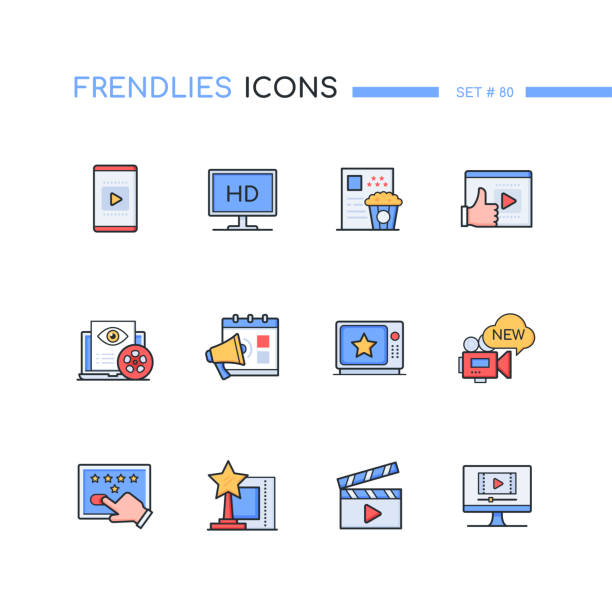 Cinema Online - modern line design style icons set Cinema Online - modern line design style icons set. Watching movies, hobby and entertainment idea. Mobile version, hd, new, upcoming films, series, ratings, trailers, popular, favorite, awards divergent movie review stock illustrations