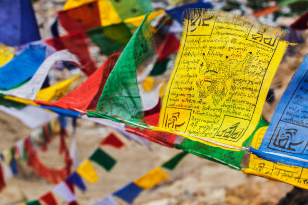 drapeaux tibétains de prière de bouddhisme lungta - tibetan buddhism photos et images de collection