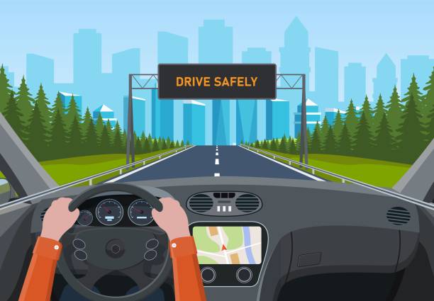 ilustrações, clipart, desenhos animados e ícones de dirija com segurança o conceito. - car driving front view cartoon