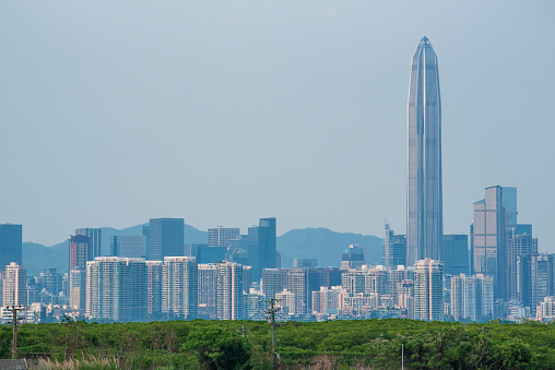 Skyline of downtown of Shenzhen city, China. Viewed from Hong Kong border