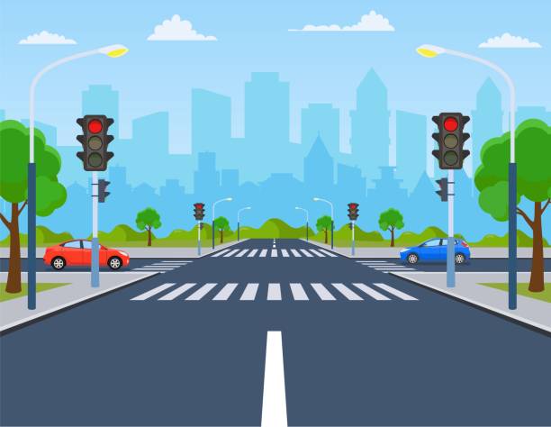 ilustraciones, imágenes clip art, dibujos animados e iconos de stock de ciudad con semáforos - scenics highway road backgrounds