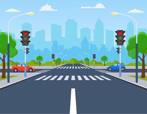 city crossroad with cars, road on crosswalk with traffic lights. markings and sidewalk for pedestrians. highway, concept. Vector illustration in flat style