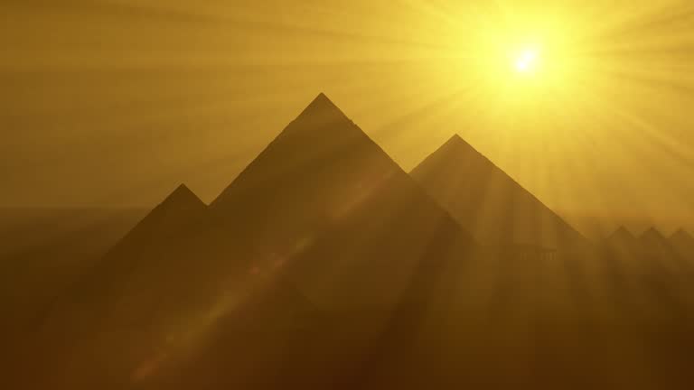 Sunrise over Great Giza pyramids of Khufu, Menkaure and Khafre, Cairo, Egypt. Cairo, Giza Egypt. 3d animation.