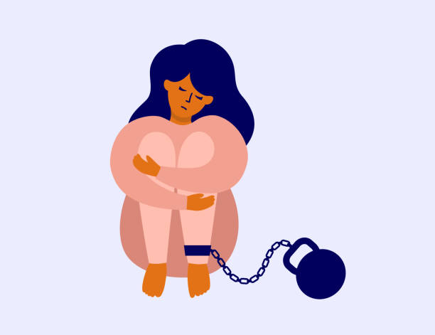 ilustrações de stock, clip art, desenhos animados e ícones de burden of responsibility, debt, guilt with sad woman chained with weight sitting hugging her knees - fobia ilustrações