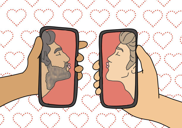 online dating two men kissing through their smartphone