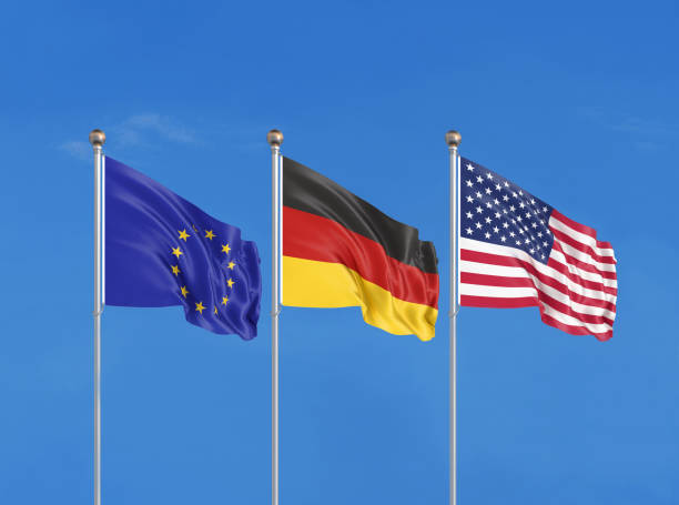 istock Three flags. USA (United States of America), EU (European Union) and Germany. 3D illustration. 1311283263