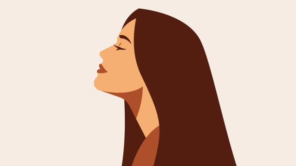 긴 머리, 완벽한 피부를 가진 아름다운 여자. 아름다운, 젊은 여자, 측면 보기. - side view profile human face women stock illustrations