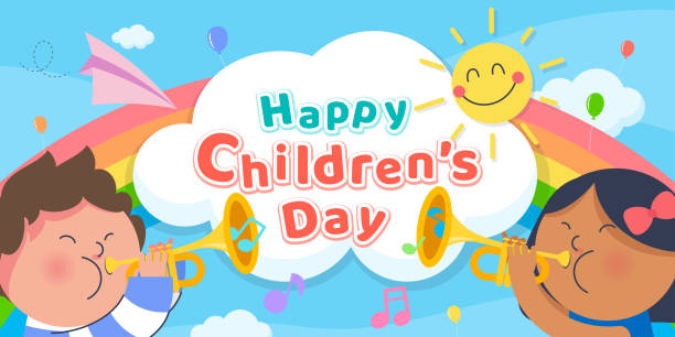 illustrazioni stock, clip art, cartoni animati e icone di tendenza di buona giornata per bambini con i bambini che suonano il vettore banner della tromba - sun sky child balloon