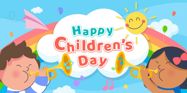Happy Children's day with Kids playing trumpet banner vector Happy Children's day with Kids playing trumpet banner vector Children's Day stock illustrations