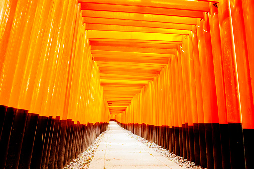 Kyoto, Japan - Apr 4, 2013: red wooden Tori Gate at Fushimi Inari Shrine in Kyoto, Japan