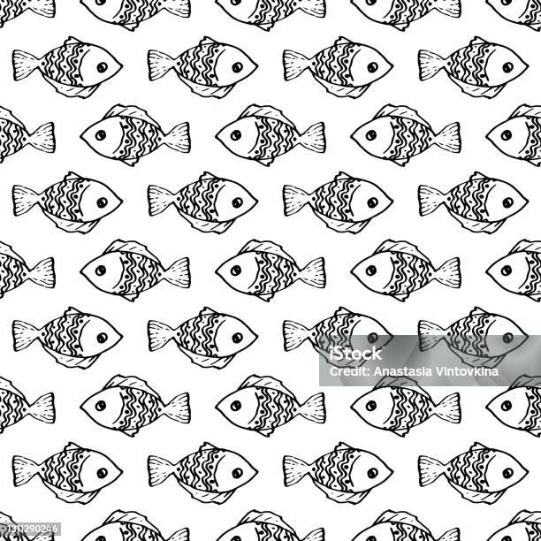Rounded Fish Pattern Vector Seamless Pattern Of Cute Doodle Fish With Rounded Scale Pattern ...