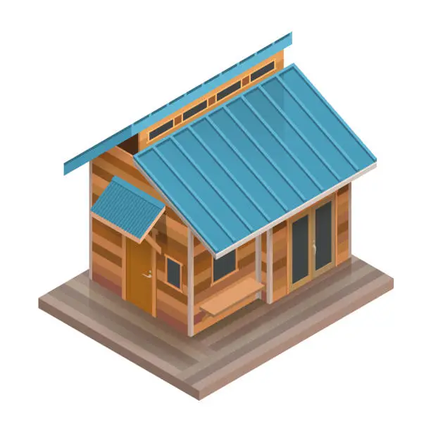 Vector illustration of vector wooden tiny hut in isometric view