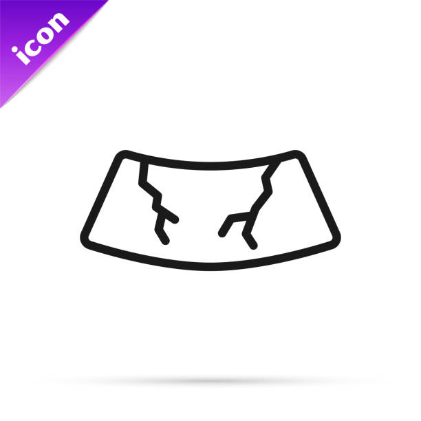 illustrations, cliparts, dessins animés et icônes de ligne noire le pare-brise cassé a fissuré l’icône en verre d’isolement sur le fond blanc. vecteur - pare brise