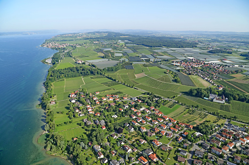 Aerial view from the Zeppelin, with a view of Immenstaad. In the background you can see the vineyards and apple orchards. Baden-Württemberg - Germany