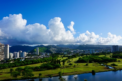 Hawaiian cityscape of Honolulu on Oahu, Hawaii