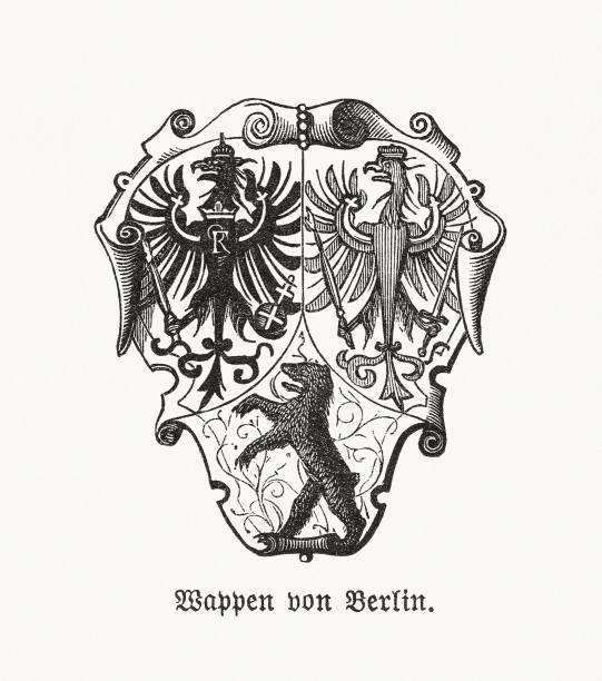 historisches berliner wappen, holzstich, erschienen 1893 - deutsches wappen stock-grafiken, -clipart, -cartoons und -symbole