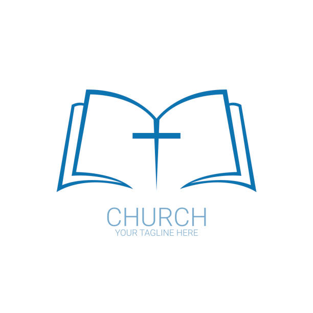 logo christliches kreuz im buch. kirche logo. - religiöse darstellung stock-grafiken, -clipart, -cartoons und -symbole