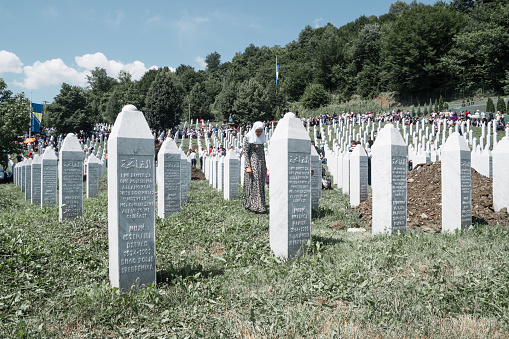 Srebrenica, Bosnia and Herzegovina - JULY 11, 2019: The Srebrenica-Potocari memorial and cemetery for the victims of the 1995 massacre over muslims in Bosnia Herzegovina.
