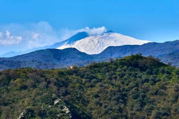 el volcán etna sigue fumando entre pastos - vulcano fotografías e imágenes de stock