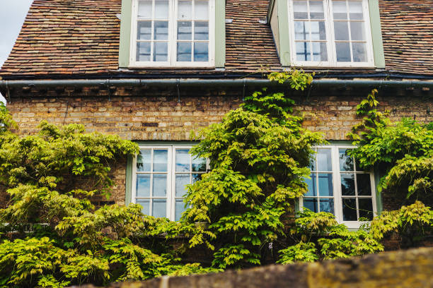 Cambridge, United Kingdom - May 20, 2017: Lovely house facade with big windows in Cambridge