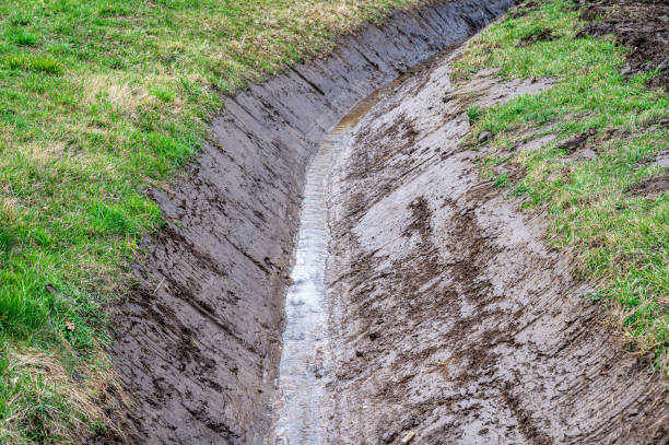 Newly made ditch for irrigation of fields renewed drainage ditch ditch stock pictures, royalty-free photos & images