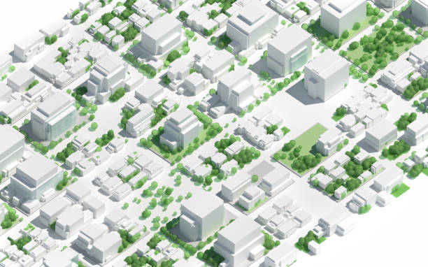 City model abstract background Aerial view of a city model, showing a residential district with grid pattern, office buildings and plenty of green areas with trees. Copy space on white background. Digitally generated image. 3d city street stock pictures, royalty-free photos & images