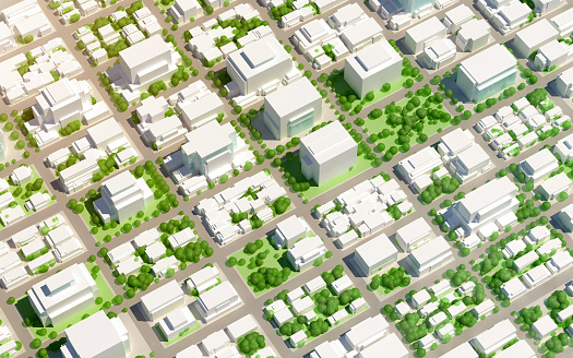 View of a 3D architectural project for urban planning, showing a suburban district with low rise buildings and plenty of green areas with trees. Digitally generated image.