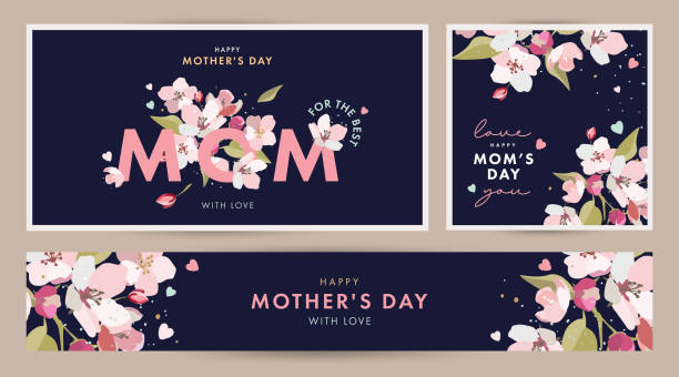 muttertags-design im modernen kunststil. abstrakter hintergrund mit handgezeichneten frühlingsblumen in pastellfarben und trendiger typografie auf dunkelblau. - mothers day stock-grafiken, -clipart, -cartoons und -symbole