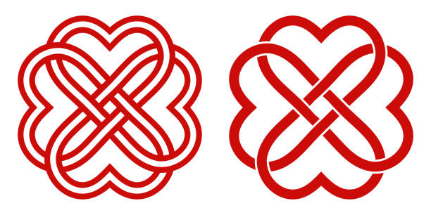 Celtic knot of red hearts in the shape of a flower, vector knot hearts symbol endless love mutual understanding and friendship Celtic knot of red hearts in the shape of a flower, vector knot of hearts symbol of endless love mutual understanding and friendship ropes tied together stock illustrations