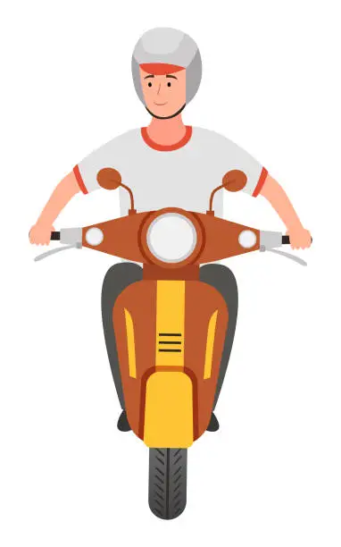 Vector illustration of Young smiling guy wearing helmet riding at scooter front view, transport, vehicle, cartoon character