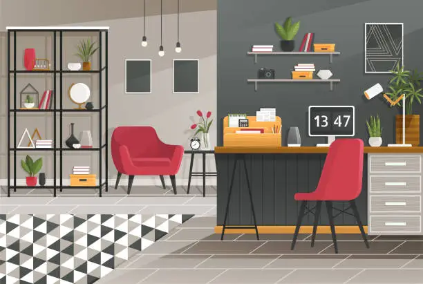 Vector illustration of Home workspace modern design. Office, studio, cabinet or home workspace interior with furnitures