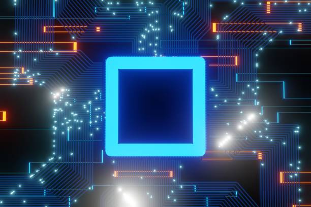 istock Abstract futuristic Microchip Data flow in a motherboard glowing light background 3D rendering 1311307930