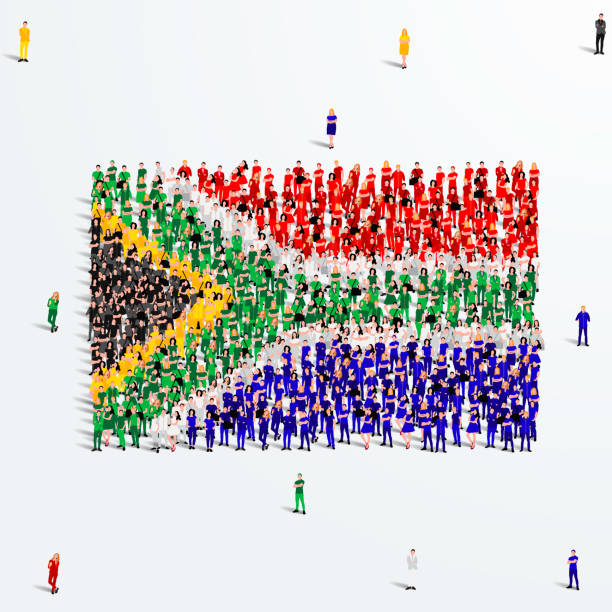 ilustraciones, imágenes clip art, dibujos animados e iconos de stock de bandera de sudáfrica. un gran grupo de personas se forman para crear la forma de la bandera sudafricana. ilustración vectorial. - flag south african flag south africa national flag