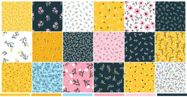 Vector illustration of Collection Floral seamless pattern with cute small flowers. Simple doodle hand-drawn style. Motifs scattered liberty. Pretty ditsy for Millefleurs fabric, textile, wallpaper. Vector Digital paper
