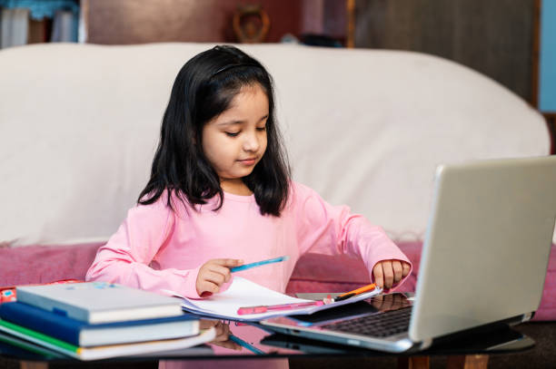 istock Child girl studying from home on laptop 1311309705