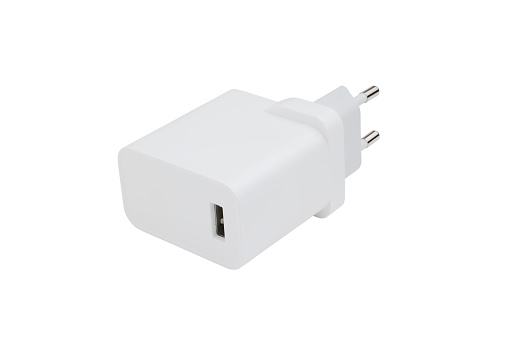 Fast USB charger for your smartphone. On a white background, close-up