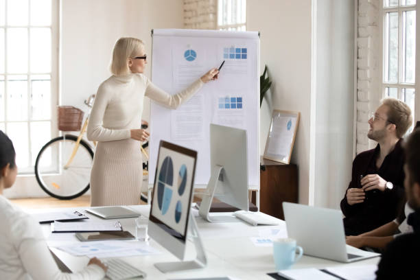 istock Caucasian businesswoman make whiteboard presentation in office 1311315520