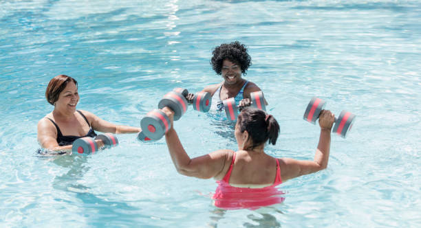 istock Three senior women doing water aerobics 1311316621