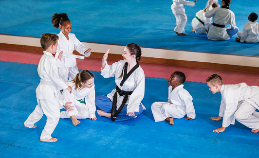 A multi-ethnic group of five children, 6 to 9 years old, taking a taekwondo class. The female instructor is sitting on the floor, giving high fives to the children who are joining her as the class starts.