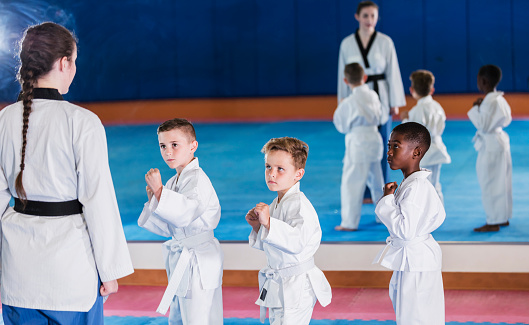 A multi-ethnic group of three boys in a taekwondo class. They are standing side by side, fists raised, facing their female instructor. The children are 7 years old. The one on the left is mixed race Hispanic and Caucasian.